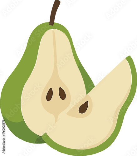 Green pear cut in half with slice fruit