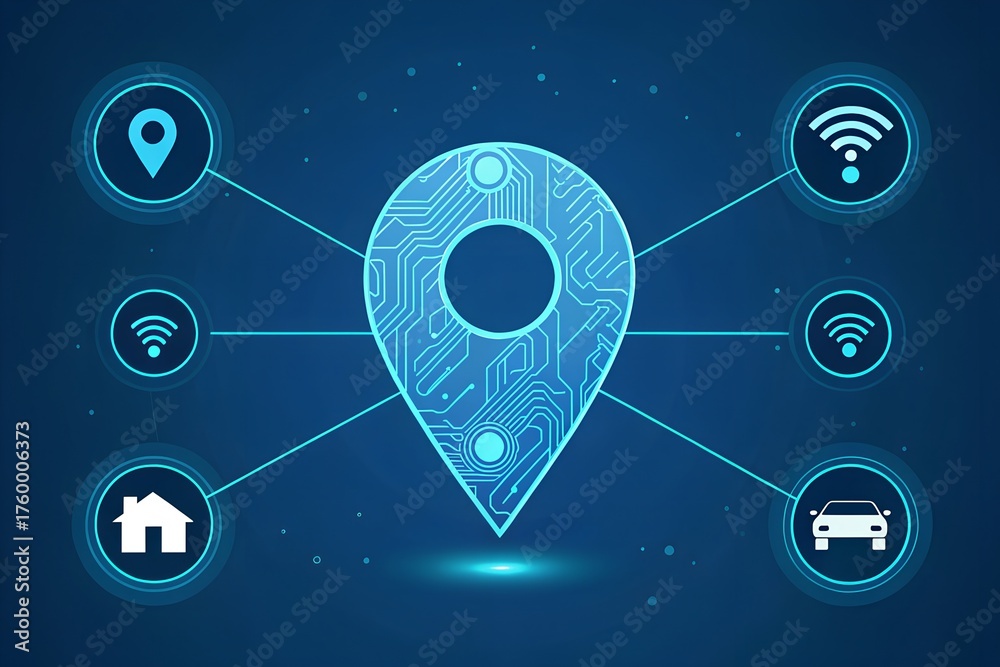 Obraz premium Location Pin Connected Tech Icons Networking Geolocation Navigation Mapping Concept