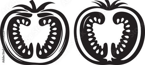 Two halves of a tomato shown in a bold black and white silhouette style