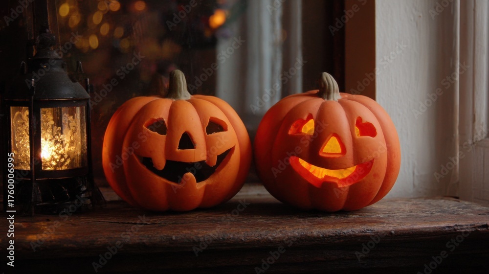 Obraz premium glowing jack o lanterns on windowsill