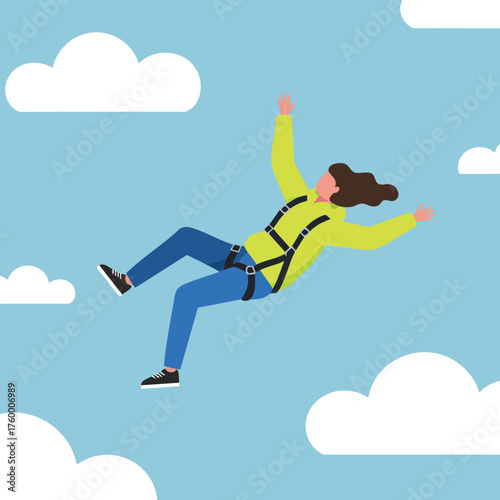 Woman skydiving with safety harness in blue sky surrounded by white clouds outdoor adventure activity vector illustration 