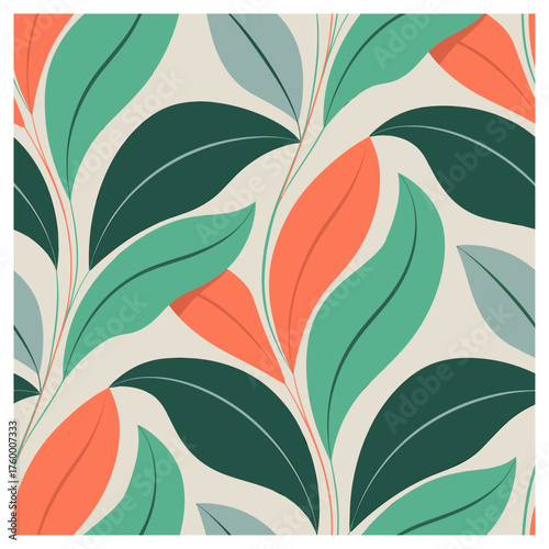 Modern seamless leaf pattern in soothing teal, mint, and coral hues. Elegant botanical design perfect for fabric, wallpaper, stationery, and contemporary surface art.