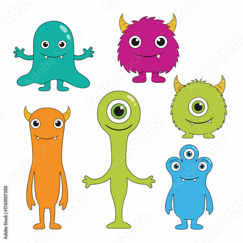 Desene animate aniversare monștri. Ilustrațiile vectoriale se grupează cu fiecare imagine pe un strat separat.
