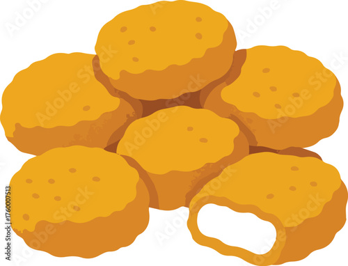 Pile of golden brown chicken nuggets with one bitten