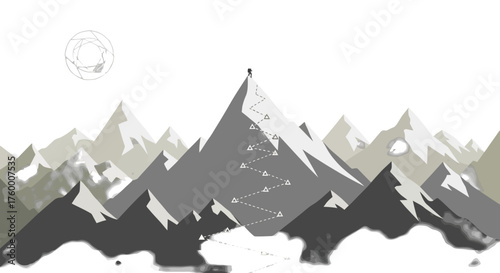 Minimalist Ascent Depicting Perseverance Over Challenging Terrain in Monochrome Palette
