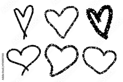 Black Crayon Hand Drawn Hearts Set. Grunge Doodle Love Elements and Sketched Wax Pencil Symbols Vector on White Background