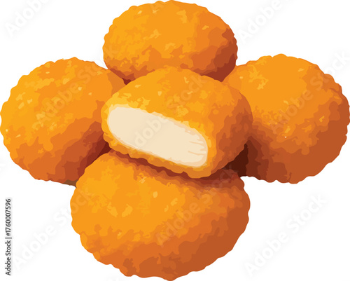 Pile of golden brown chicken nuggets with one cut open