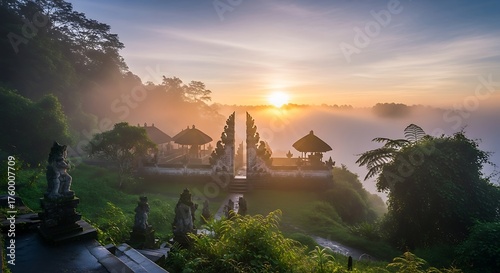 Misty sunrise over the Gates of Heaven at Pura Lempuyang temple in Bali Indonesia.