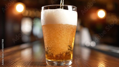 Beer pouring into glass on wooden table against blurred background