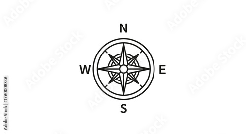 Minimalist Compass Rose Illustration On Black Background, Navigation And Direction Sign
