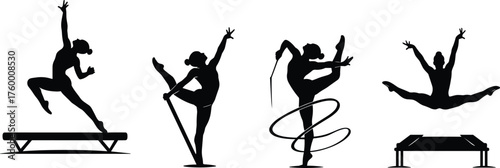 Gymnastics silhouettes, rhythmic ribbon routine, balance beam pose, vault leap, artistic sport, female athletes, flexibility, motion, strength, performance