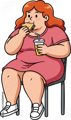 Overweight woman eating sandwich and drinking beverage sitting on chair vector illustration 