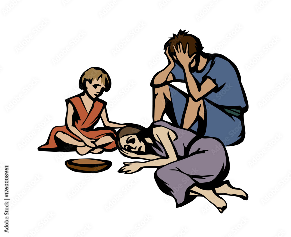 Fototapeta premium People suffering from hunger. Vector drawing