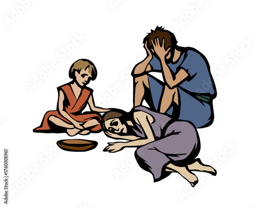 People suffering from hunger. Vector drawing