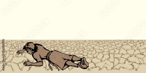 An exhausted person lies on the ground. Vector drawing
