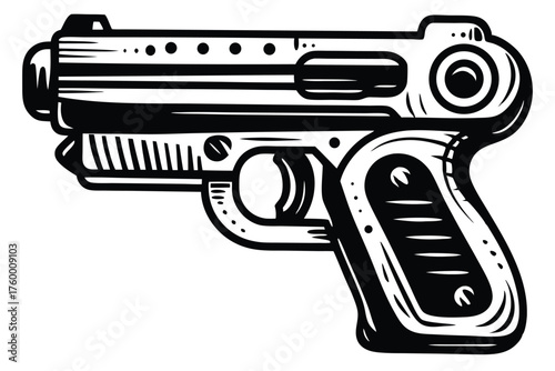 Black and white retro pistol showcases intricate lines, curves, and vintage style