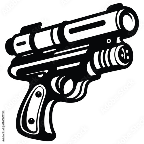 A stylized black and white laser pistol with futuristic components is clearly presented here