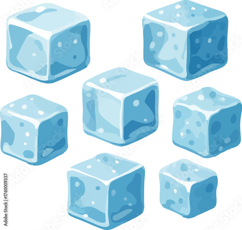 Seven blue ice cubes with air bubbles frozen cold