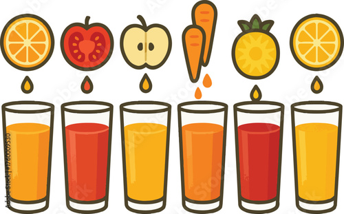 Six glasses of juice with fruit and vegetable ingredients above