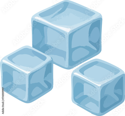 Three light blue ice cubes on white background frozen
