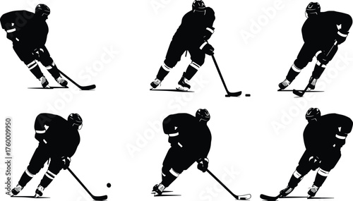 Ice hockey silhouette, player action pose, skating with puck, shooting motion, black figure, sports illustration, helmet, stick, dynamic movement, frozen game
