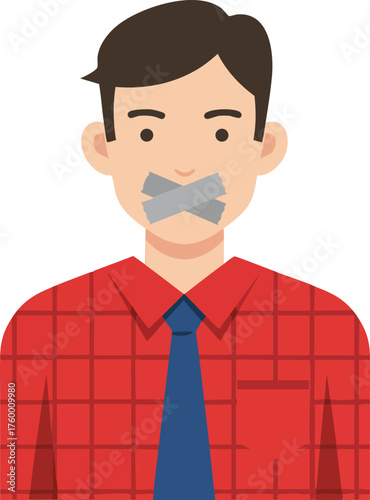 Man with mouth taped shut wearing red shirt and blue tie vector illustration of silence and censorship in modern communication 