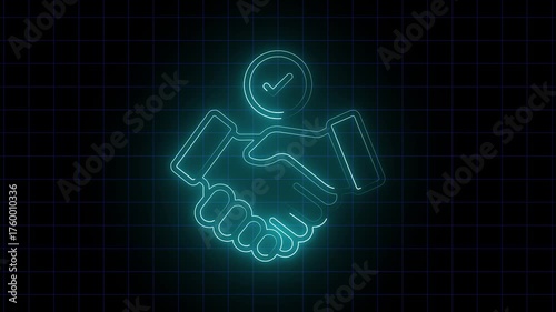 A glowing neon Blue color sign featuring a handshake against a dark background, symbolizing agreement and partnership.