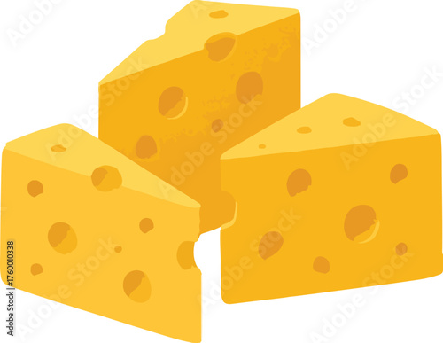 Three wedges of yellow cheese with holes food dairy