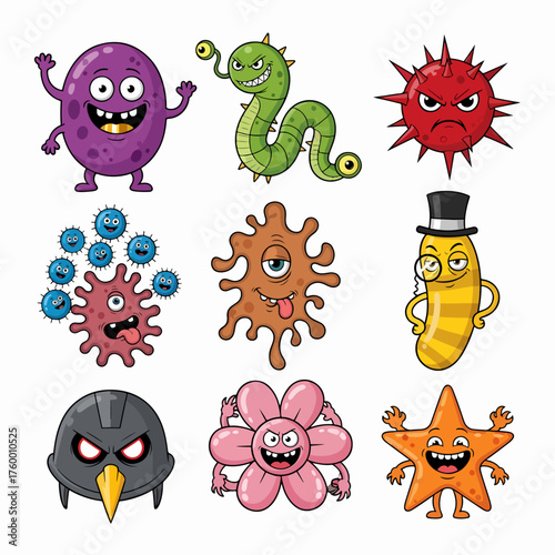 Cartoon viruses. Germ and bacteria with evil faces. Bad pathogen microbe character. Coronavirus and flu disease bacterium monster  set. Illustration character scary virus, microbe and bacteria