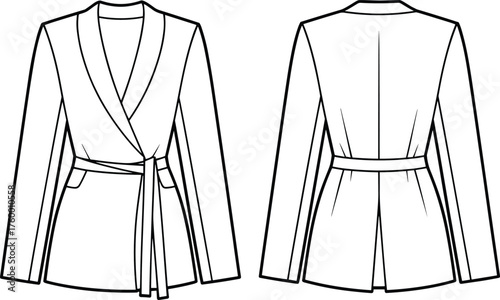 Wrap blazer technical sketch, fashion CAD drawing, flat vector illustration, shawl collar, tie belt, front and back view, garment construction details