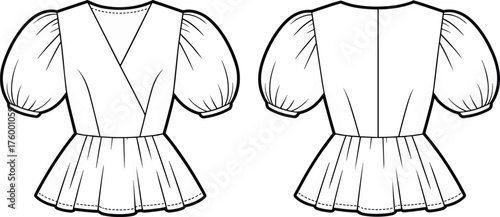 Women’s blouse technical sketch, fashion CAD drawing, flat vector illustration, V-neck peplum top, front and back view, garment construction details