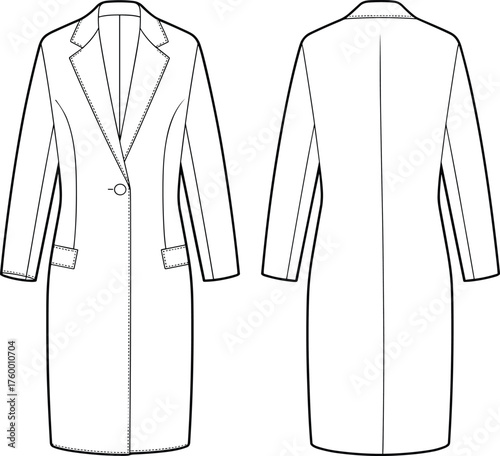Tailored coat technical sketch, fashion CAD drawing, flat vector illustration, single-button coat design, front and back view, garment construction details