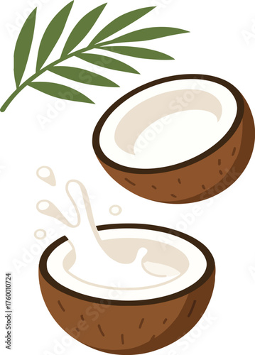 Two halves of a coconut with milk splashing from one