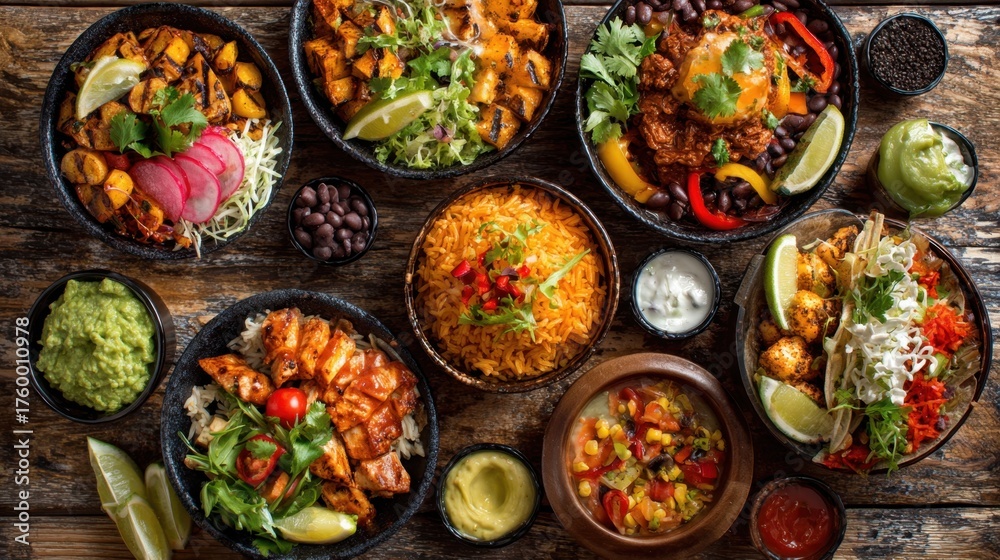 Fototapeta premium A table full of food with a variety of dishes including rice, beans, and vegetables. The table is set for a meal and the food looks delicious