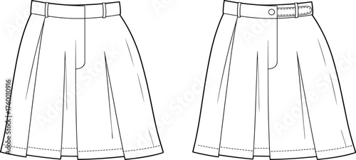 Pleated skirt comparison sketch, fashion CAD drawing, flat vector illustration, waistband and closure styles, front view, garment construction details