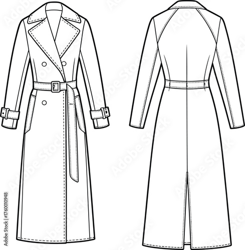 Trench coat technical sketch, fashion CAD drawing, flat vector illustration, double-breasted coat, front and back view, garment construction details
