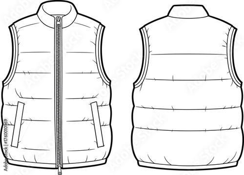 Sleeveless padded vest sketch, fashion CAD drawing, flat vector illustration, quilted design, front and back view, garment construction details