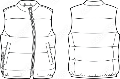 Sleeveless padded vest sketch, fashion CAD drawing, flat vector illustration, zip pocket design, front and back view, garment construction details