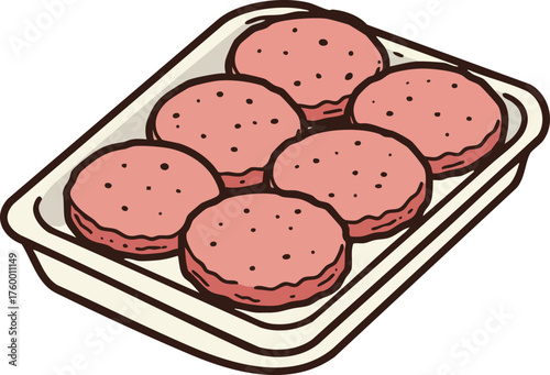 Pack of raw hamburger patties on tray ready for cooking meal preparation vector illustration 