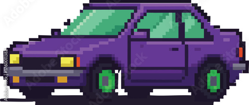 Pixel art purple car with green wheels and retro style vehicle illustration vector