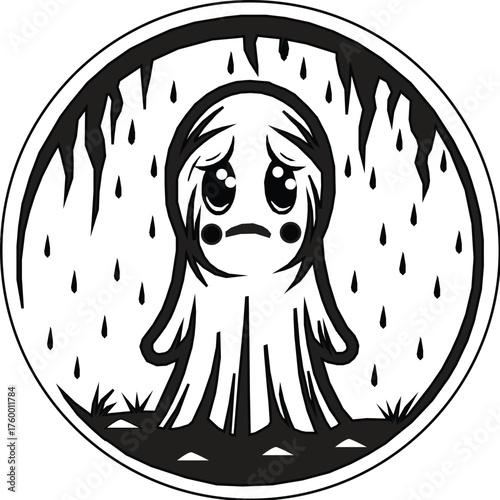 Ghost flying in the sky in rain. Sad Silhouette vector Illustration.