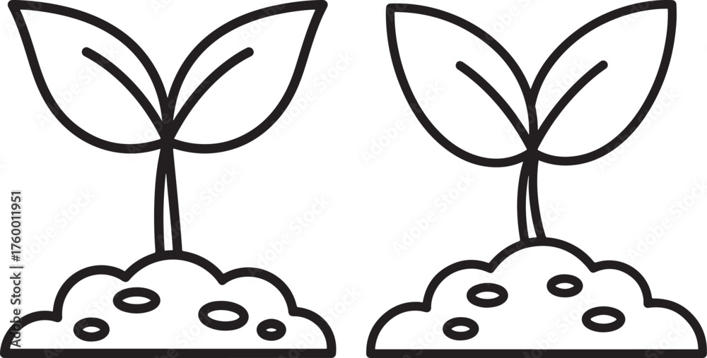 Fototapeta premium Two simple outline drawings of young plants growing from soil silhouette