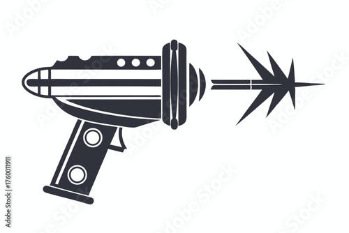 A retro ray gun with starburst firing, rendered in sleek monochrome style