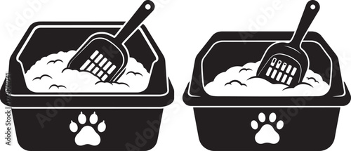 Two litter boxes with scoops and paw prints silhouette
