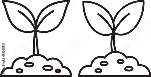 Two simple outline drawings of young plants growing from soil silhouette