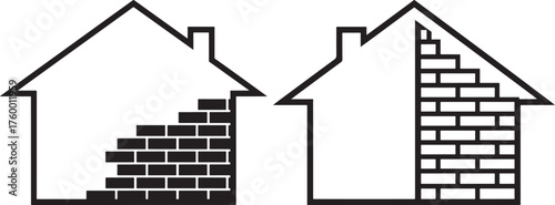 Two house outlines showing construction progress with brick wall silhouette