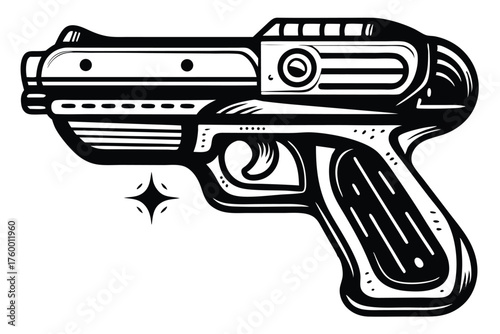 Black and white futuristic raygun with rounded design elements has a star beside it