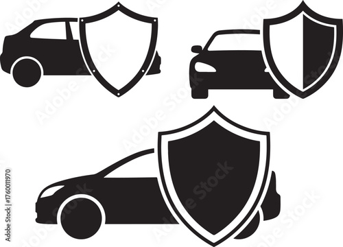 Three black car silhouettes protected by shield icons for insurance concept silhouette