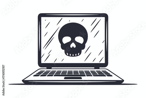 A sinister skull appears inside a stylized laptop screen, threatening data security virtually
