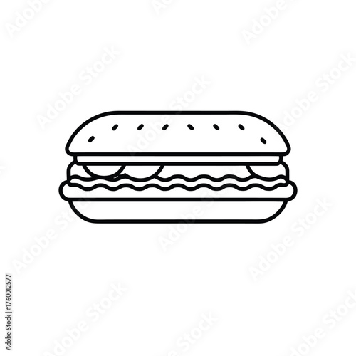 Minimalist Line Art of Sub Sandwich with Layers – Black and White Icon for Fast Food, Culinary Design, and Snack Illustration